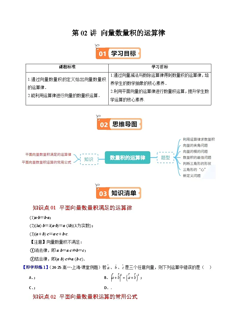 (人教B版)2025秋高中数学必修三同步讲义第13讲向量数量积的运算律(2个知识点+7类热点题型讲练+习题巩固)(学生版+解析)第1页