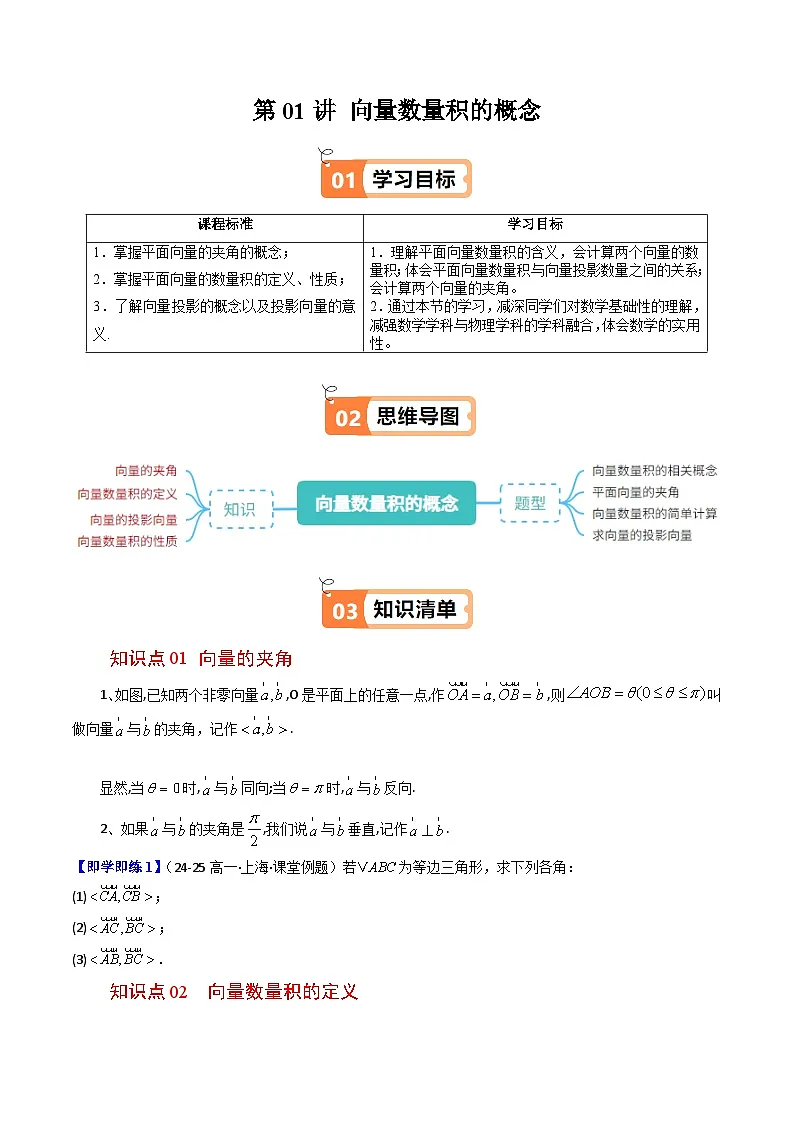 (人教B版)2025秋高中数学必修三同步讲义第12讲向量数量积的概念(4个知识点+4类热点题型讲练+习题巩固)(学生版+解析)第1页
