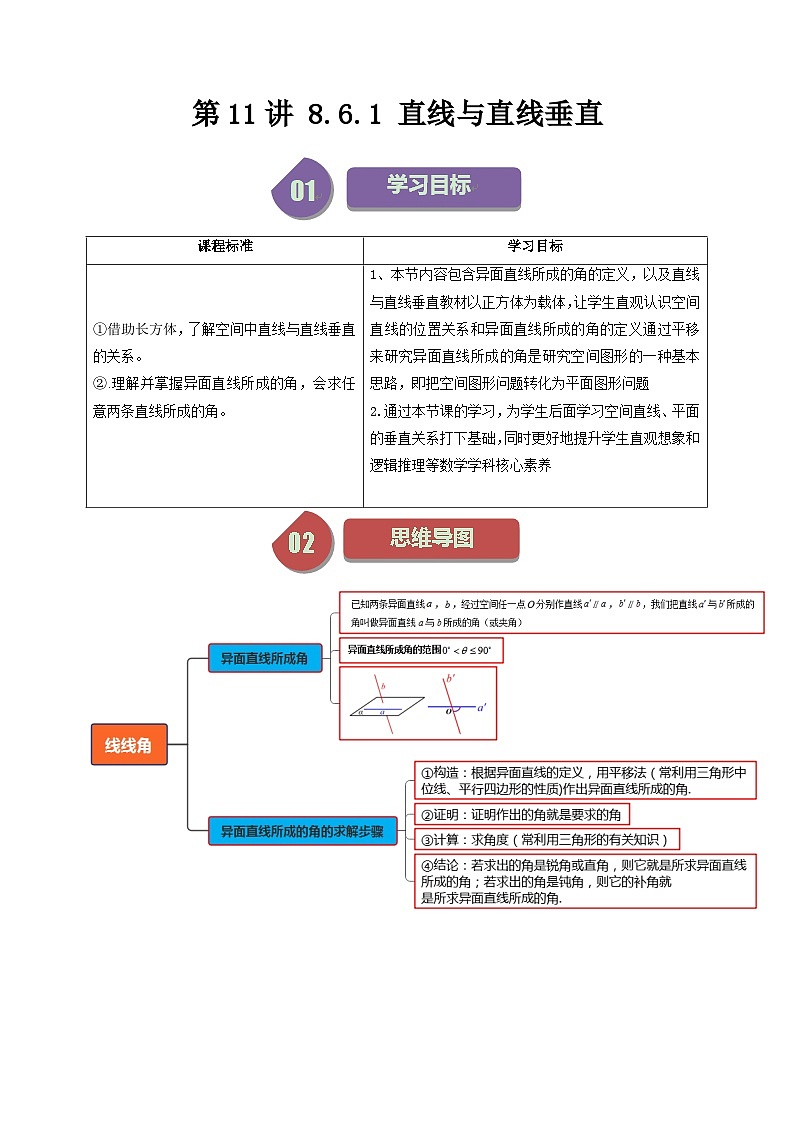 (人教A版数学必修二)2025春季学期讲义第34讲8.6.1直线与直线垂直(学生版+解析)第1页