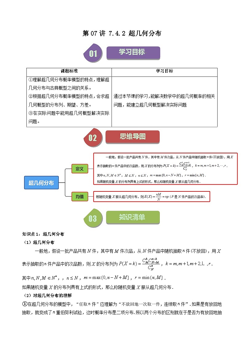 (人教A版数学选择性必修三)讲义第14讲7.4.2超几何分布(学生版+解析)第1页