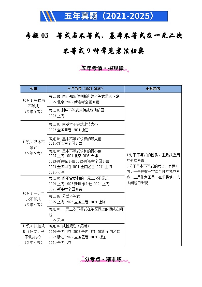 2021-2025全国高考数学真题汇编  专题03 等式与不等式、基本不等式及一元二次不等式9种常见考法归类第1页