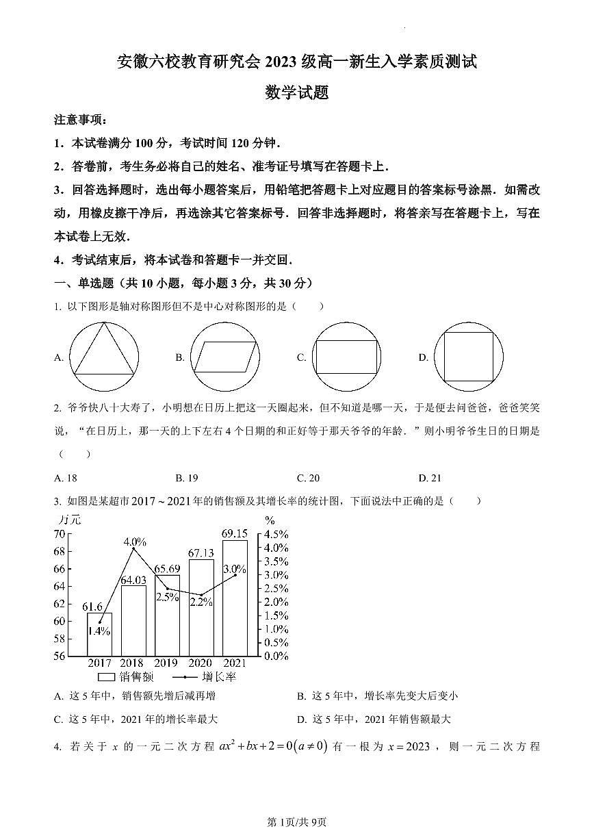 安徽省六校教育研究会2022-2023学年高一上学期新生入学素质测试数学试题（含解析）第1页