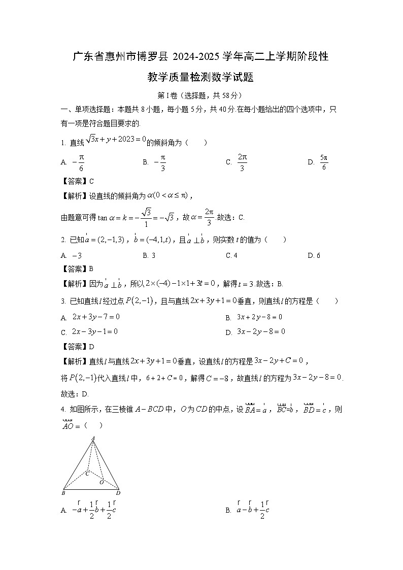 广东省惠州市博罗县2024-2025学年高二上学期阶段性教学质量检测数学试卷（解析版）第1页