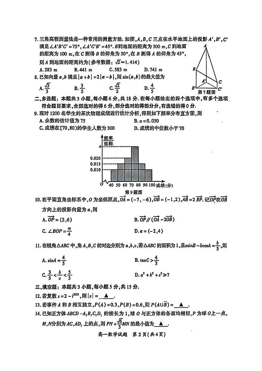 福建省厦门市2024-2025学年高一下学期期末考试 数学 PDF版含解析第2页