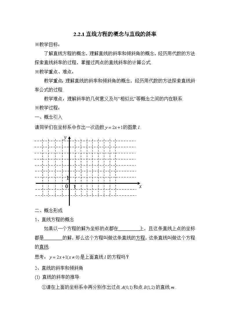 人教课标B版高中数学必修2 2-2-1-直线方程的概念与直线的斜率 教学设计第1页