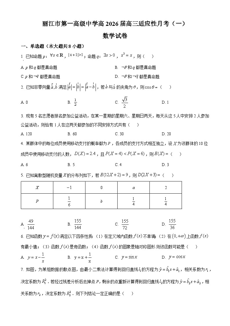 云南省丽江市第一高级中学2026届高三适应性月考（一）数学试卷  Word版无答案第1页