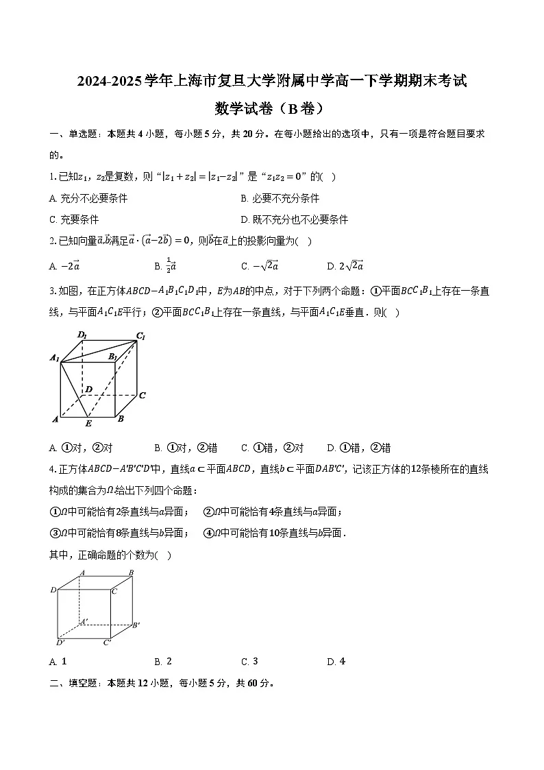 2024-2025学年上海市复旦大学附属中学高一下学期期末考试数学卷（B卷）（含答案）第1页
