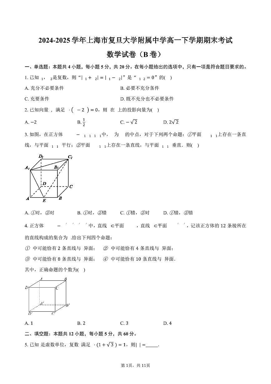 2024-2025学年上海市复旦大学附属中学高一下学期期末考试数学卷（B卷）（含答案）第1页