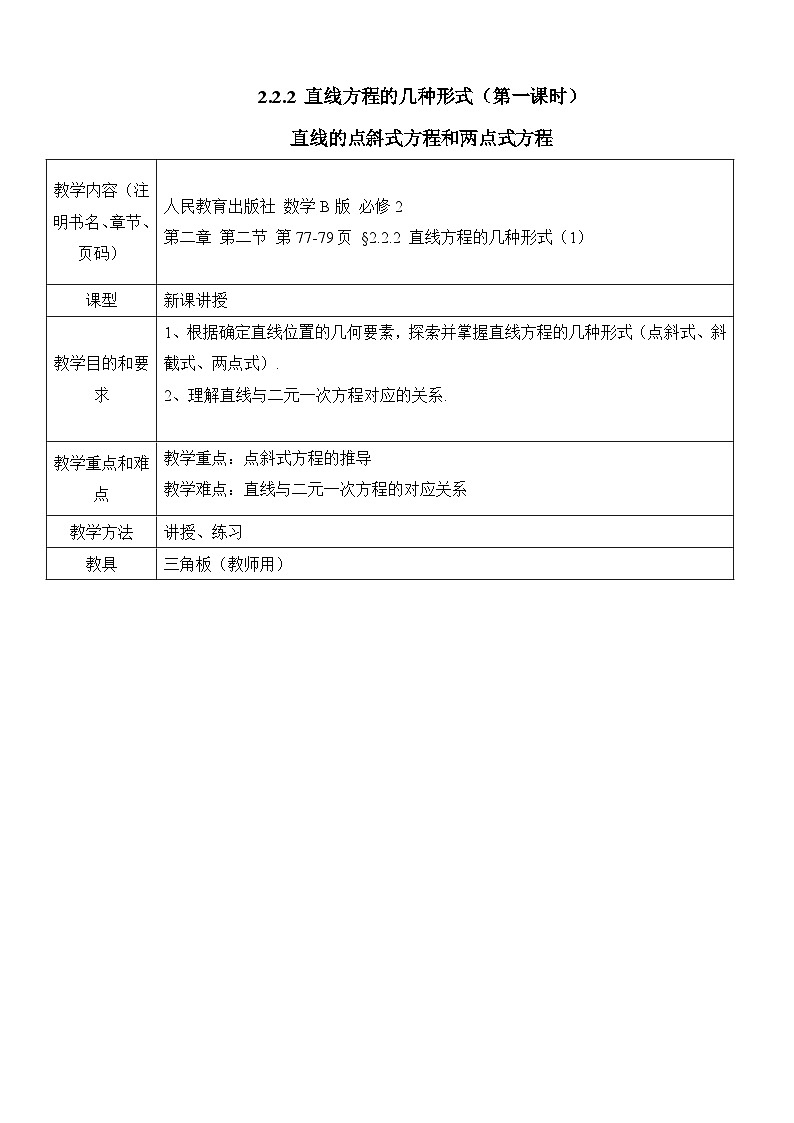 人教课标B版高中数学必修2 2-2-2-直线方程的几种形式(第1课时) 表格式教学设计第1页