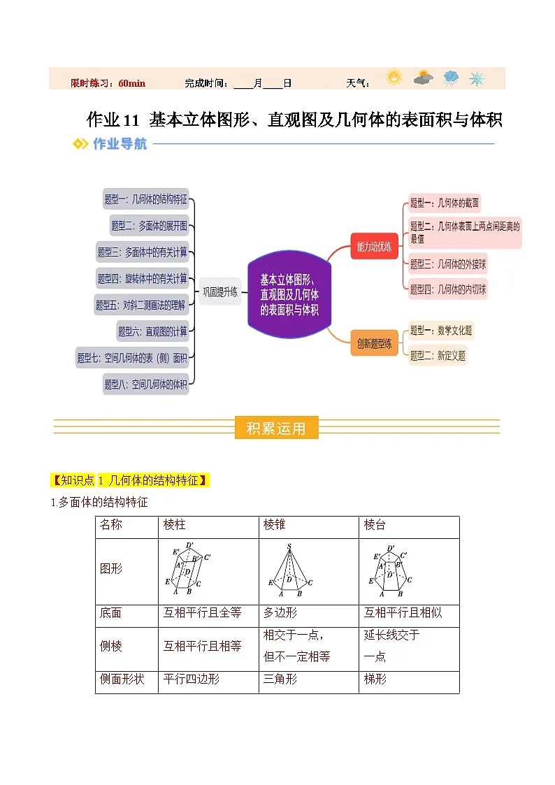 暑假作业11 基本立体图形、直观图及几何体的表面积与体积(解析版）第1页