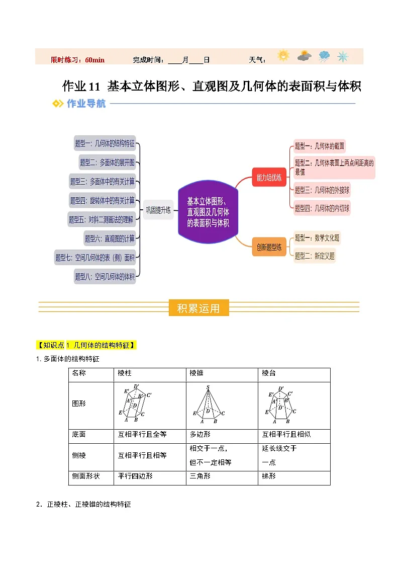 暑假作业11 基本立体图形、直观图及几何体的表面积与体积(原卷版）第1页