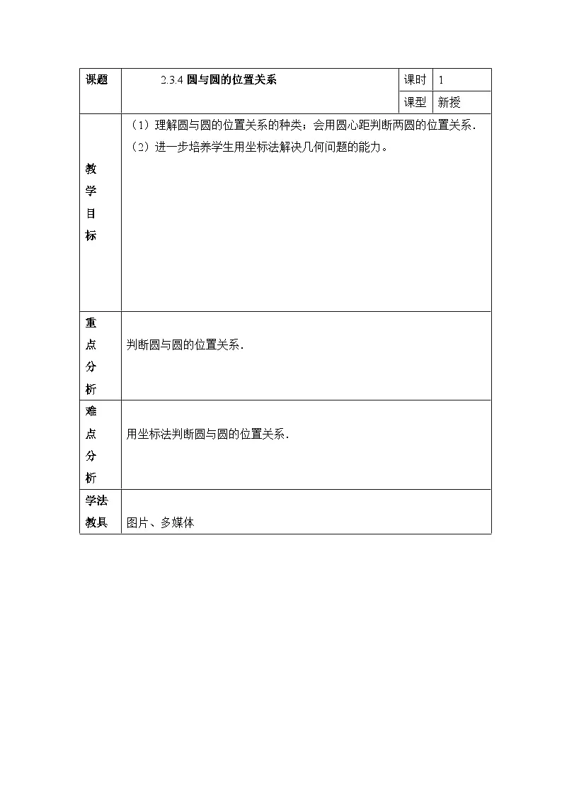 人教课标B版高中数学必修2 2-3-4圆与圆的位置关系教学设计第1页