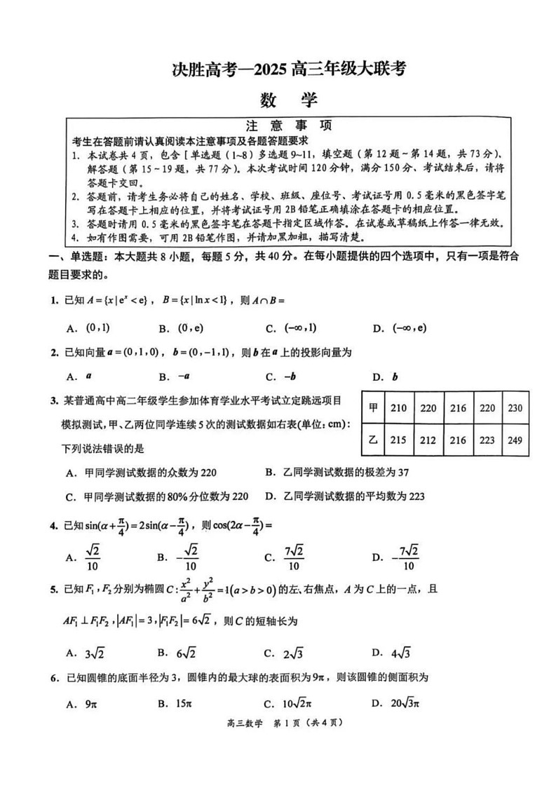 江苏省苏州市九校决胜高考2025届高三下学期2月联考-数学试题（含答案）第1页