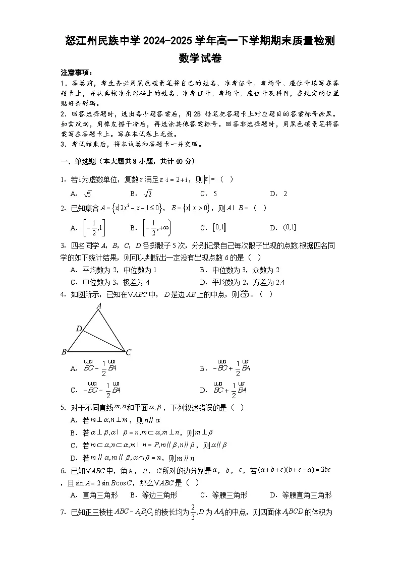 云南省怒江傈僳族自治州民族中学2024-2025学年高一下学期期末质量检测数学试卷第1页