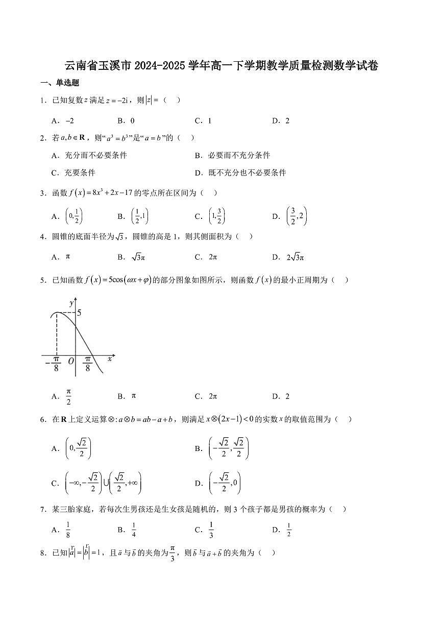 数学-云南省玉溪市2024-2025学年高一下学期期末教学质量检测试题和答案第1页