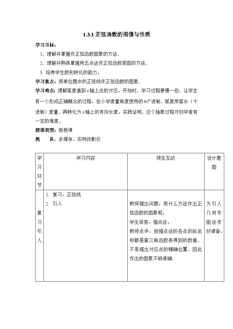 人教课标B版高中数学必修4 1-3-1《正弦函数的图象与性质（第1课时）》-教学设计第1页