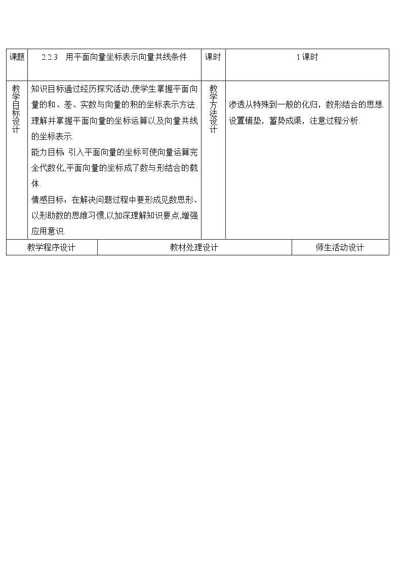 人教课标B版高中数学必修4 2-2-3《用平面向量坐标表示向量共线条件》 表格式教案第1页