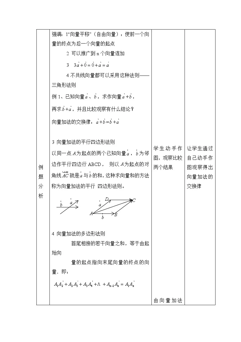 人教课标B版高中数学必修4 2-1-2、3《向量的加法、减法、数乘运算》 表格式教案第3页