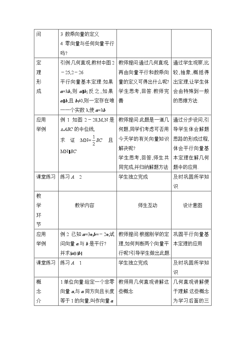 人教课标B版高中数学必修4 2-1-5《向量共线的条件与轴上向量坐标运算》表格式教案第2页