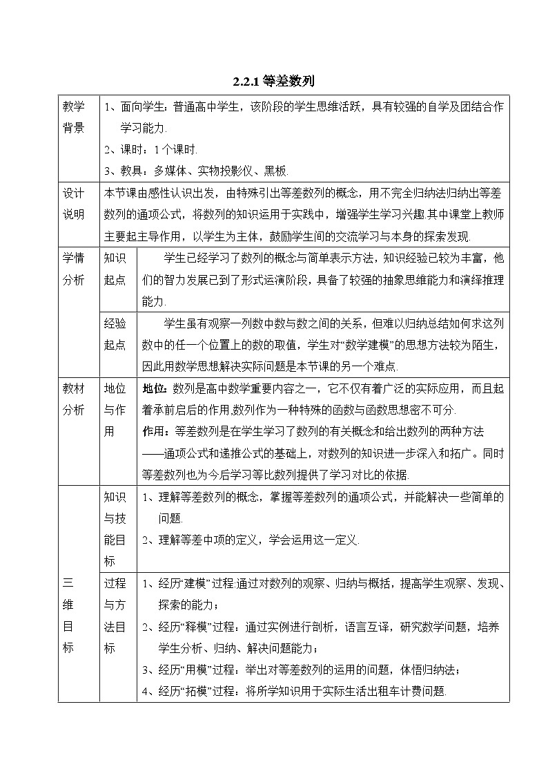 人教课B标版高中数学必修5 2-2-1等差数列 教学设计第1页