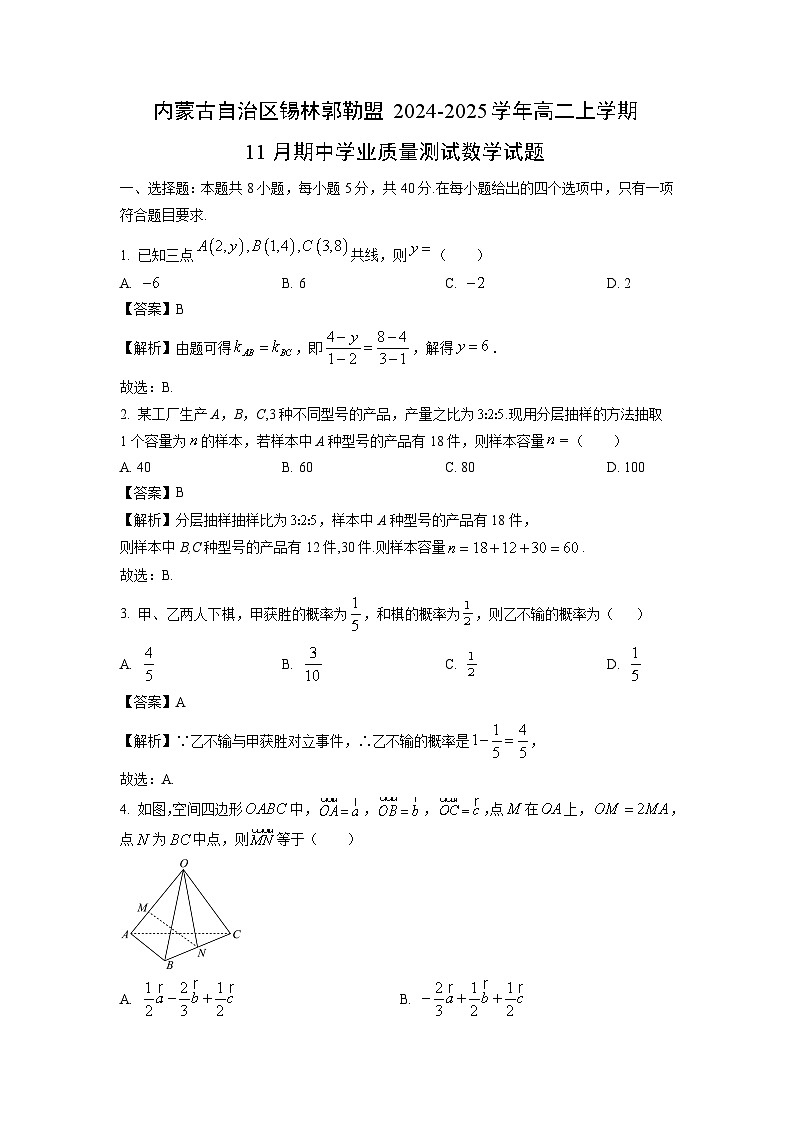 内蒙古自治区锡林郭勒盟2024-2025学年高二上学期11月期中学业质量测试数学试卷（解析版）第1页