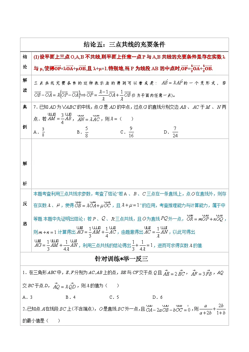 人教版高考数学第二轮专项复习专题05 三点共线的充要条件 -高中数学经典二级结论解读与应用训练（原卷版）第1页