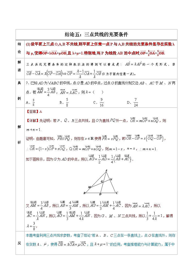 人教版高考数学第二轮专项复习专题05  三点共线的充要条件 -高中数学经典二级结论解读与应用训练（解析版）第1页