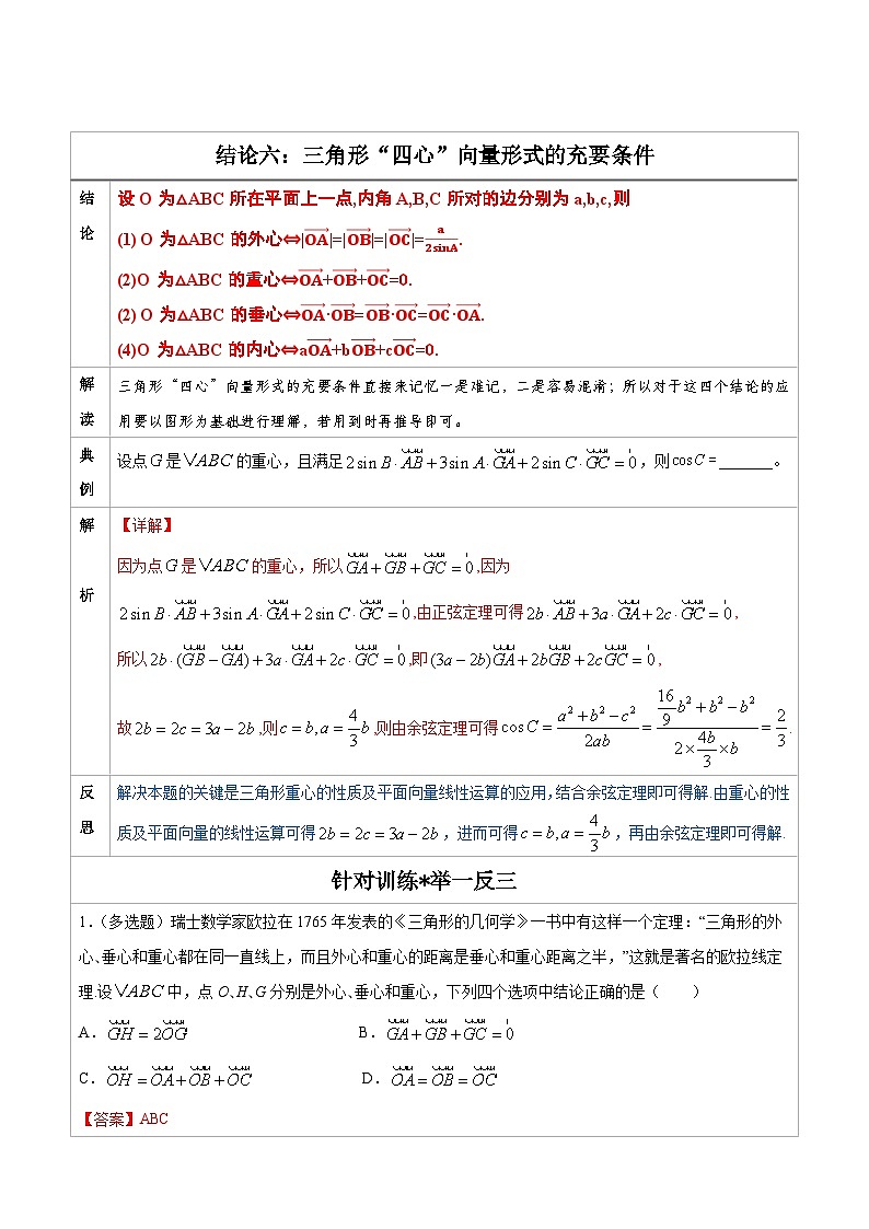 人教版高考数学第二轮专项复习专题06 三角形“四心”向量形式的充要条件 -高中数学经典二级结论解读与应用训练（解析版）第1页