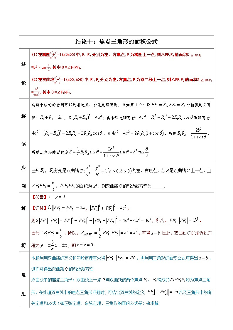 人教版高考数学第二轮专项复习专题10  焦点三角形的面积公式  -高中数学经典二级结论解读与应用训练（解析版）第1页