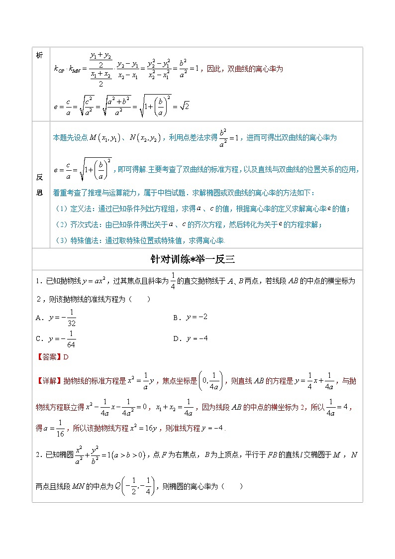人教版高考数学第二轮专项复习专题12  圆锥曲线的中点弦问题-高中数学经典二级结论解读与应用训练（解析版）第2页