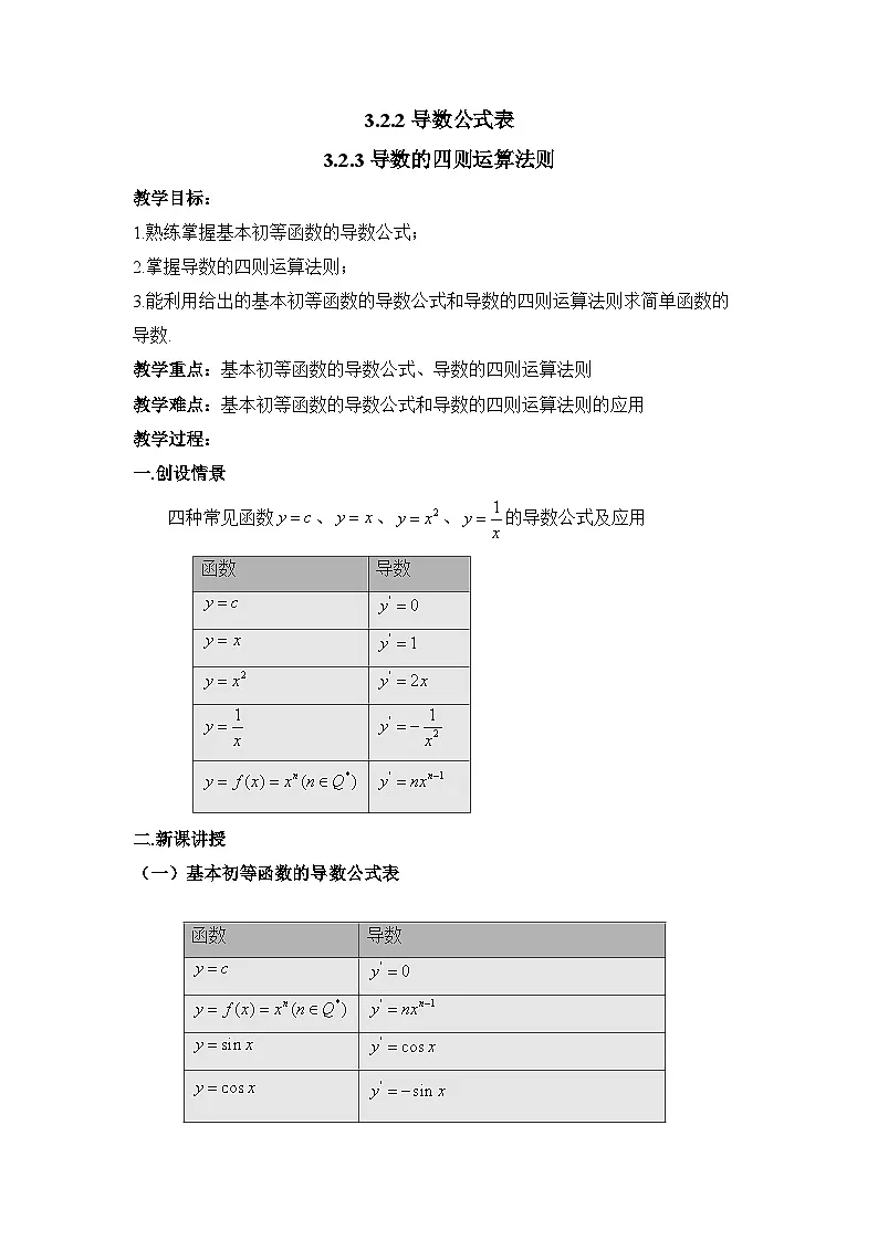 人教课标B版高中数学选修1-1 3-2-2导数公式表、导数的四则运算法则 教学设计第1页