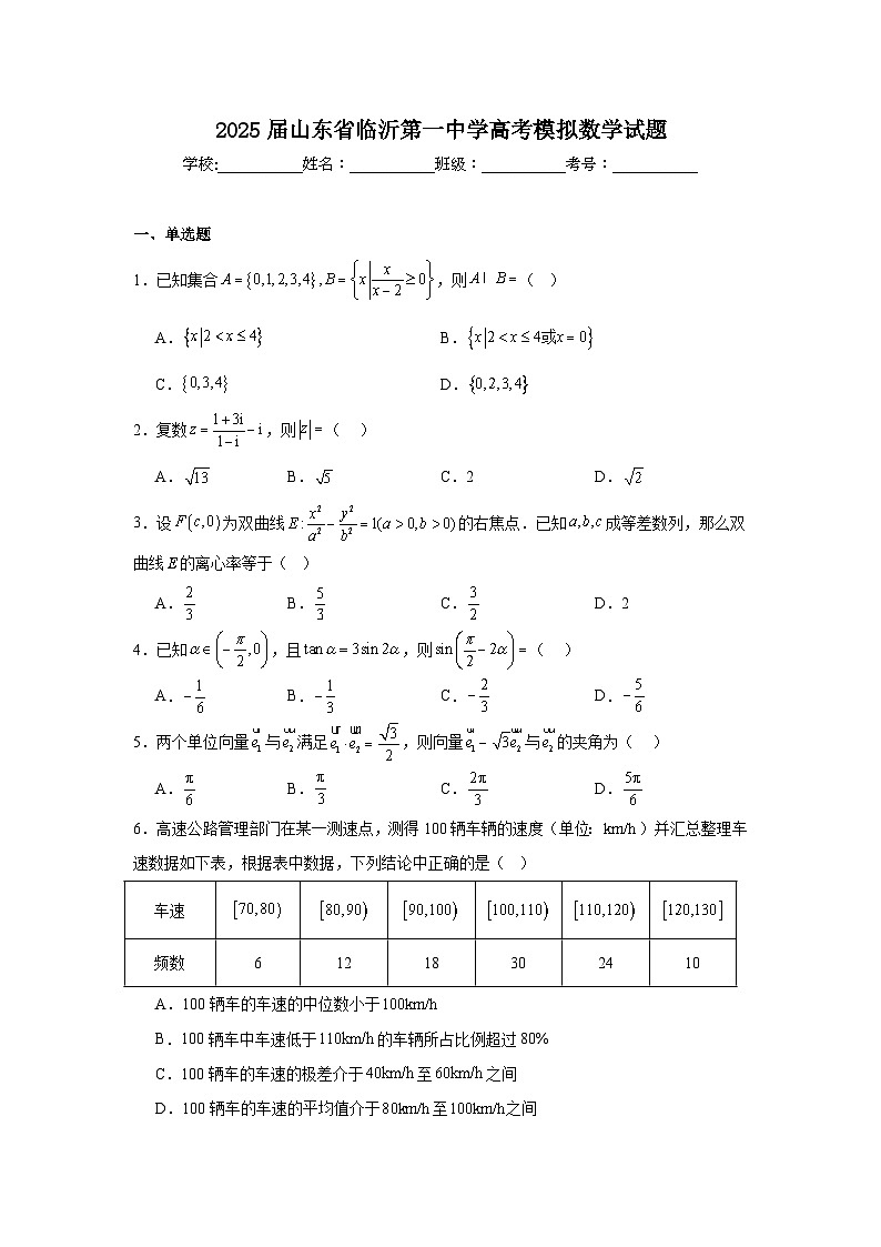 2025届山东省临沂第一中学高考模拟数学试题第1页