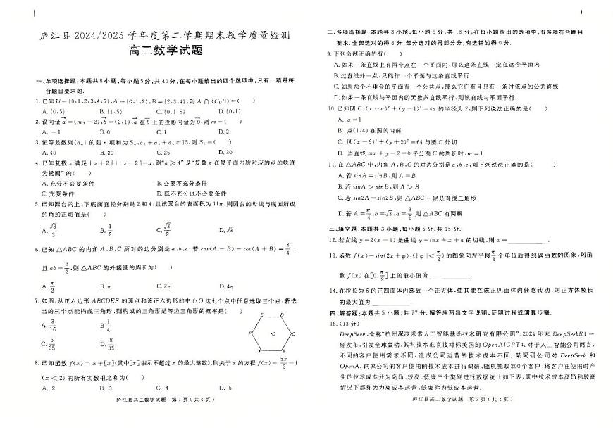 安徽省合肥市庐江县2025届新高二下学期7月期末考-数学试题+答案第1页