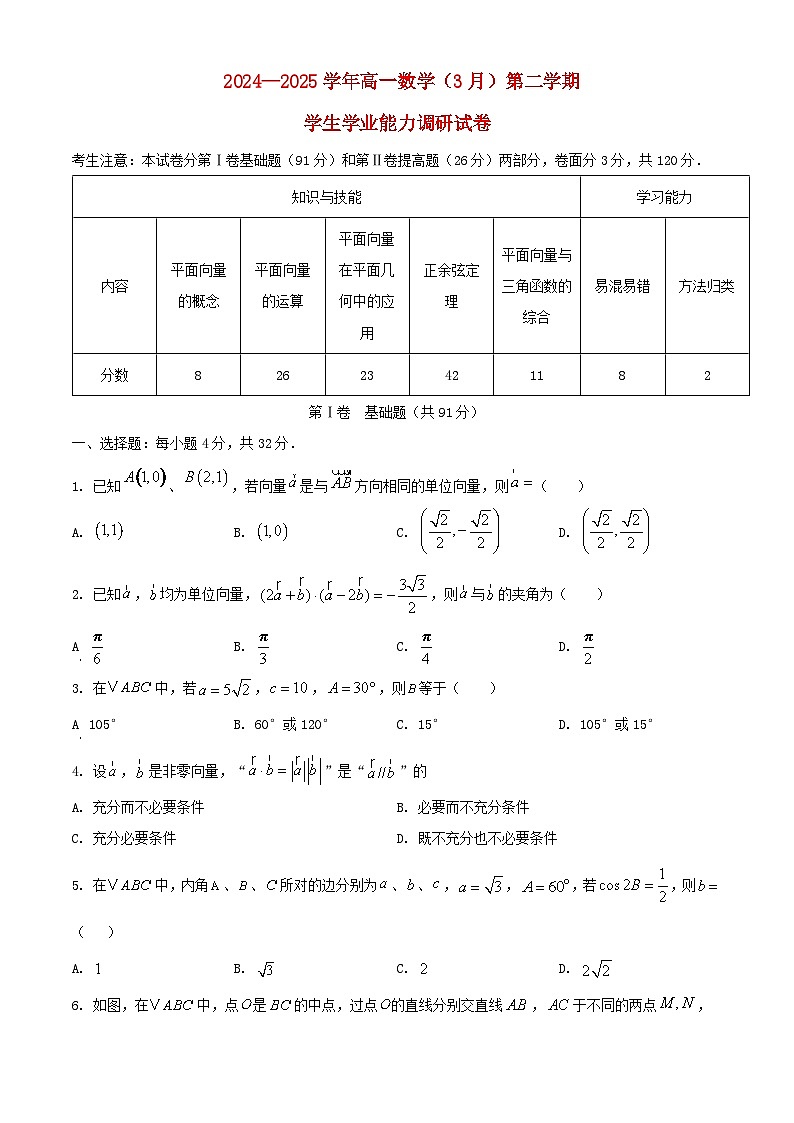 天津市静海区2024_2025学年高一数学下学期3月学生学业能力调研试题第1页
