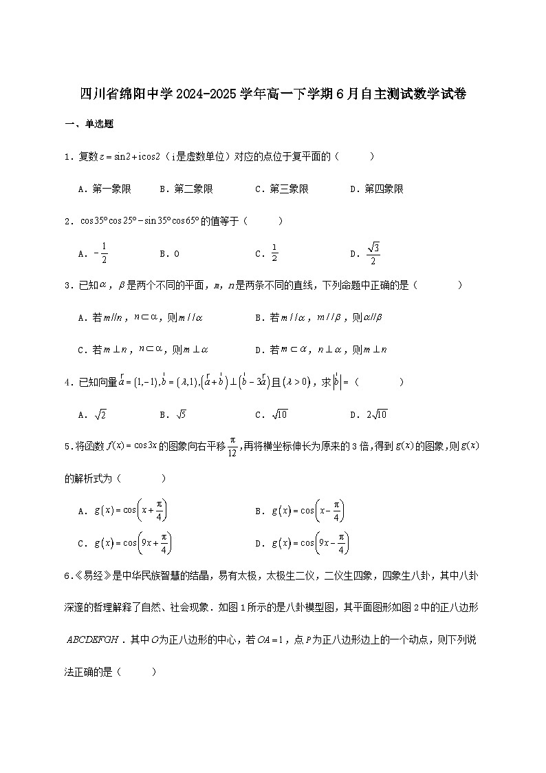 四川省绵阳市绵阳中学2024_2025学年高一下册6月自主测试数学检测试卷[有解析]第1页