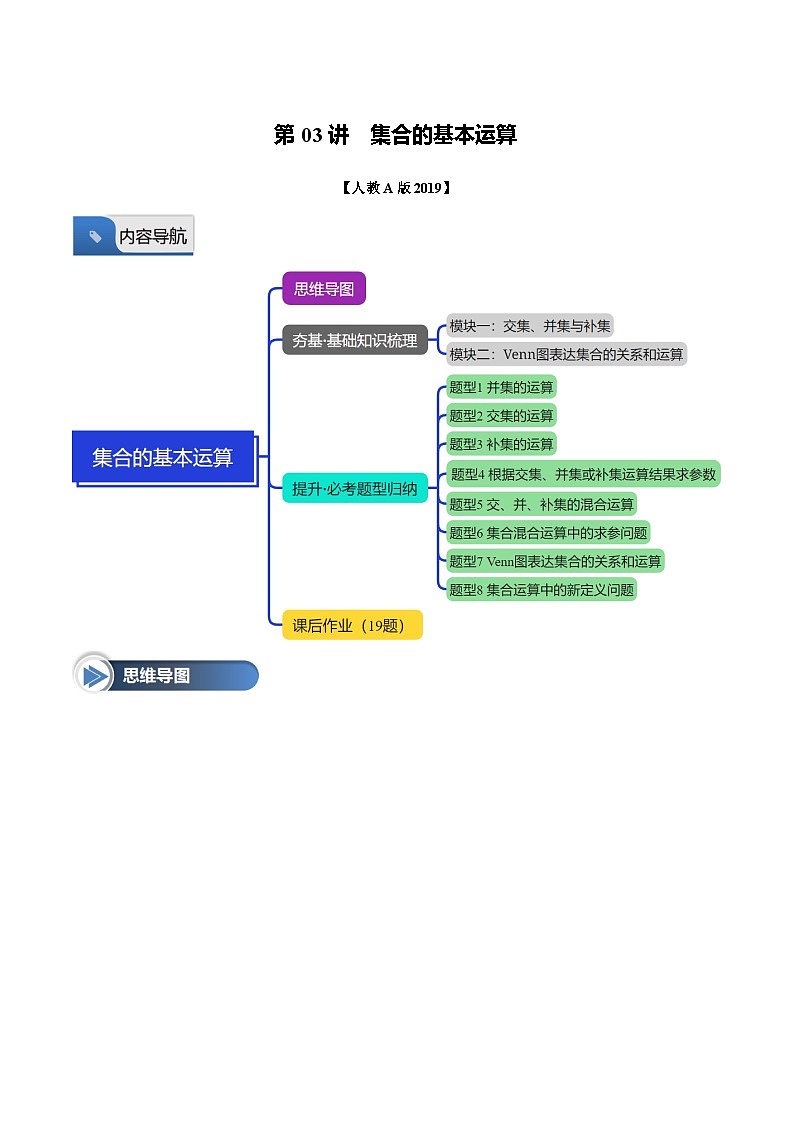 第03讲 集合的基本运算（八大题型+思维导图+知识梳理+课后作业）（人教A版2019必修第二册）（原卷版）第1页