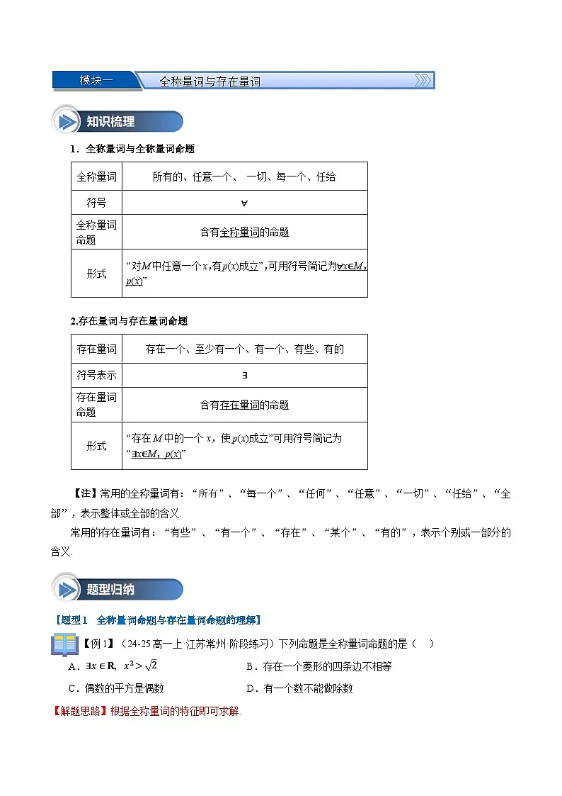 第05讲 全称量词与存在量词（七大题型+思维导图+知识梳理+课后作业）（人教A版2019必修第一册）（解析版）第2页