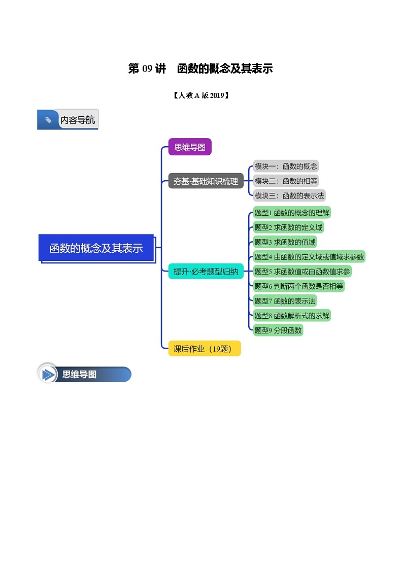 第09讲 函数的概念及其表示（九大题型+思维导图+知识梳理+课后作业）（人教A版2019必修第一册）（原卷版）第1页