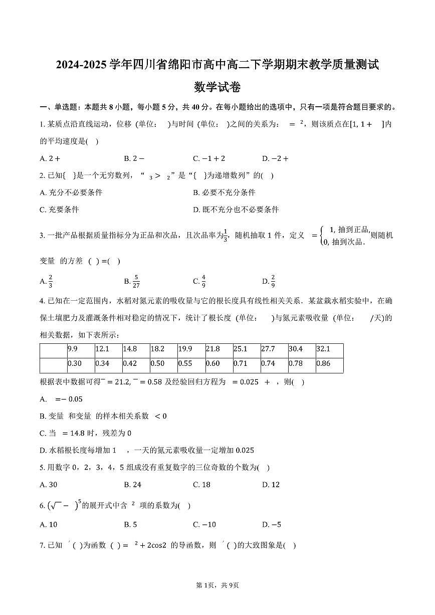 2024-2025学年四川省绵阳市高中高二下学期期末教学质量测试数学试卷（含答案）第1页