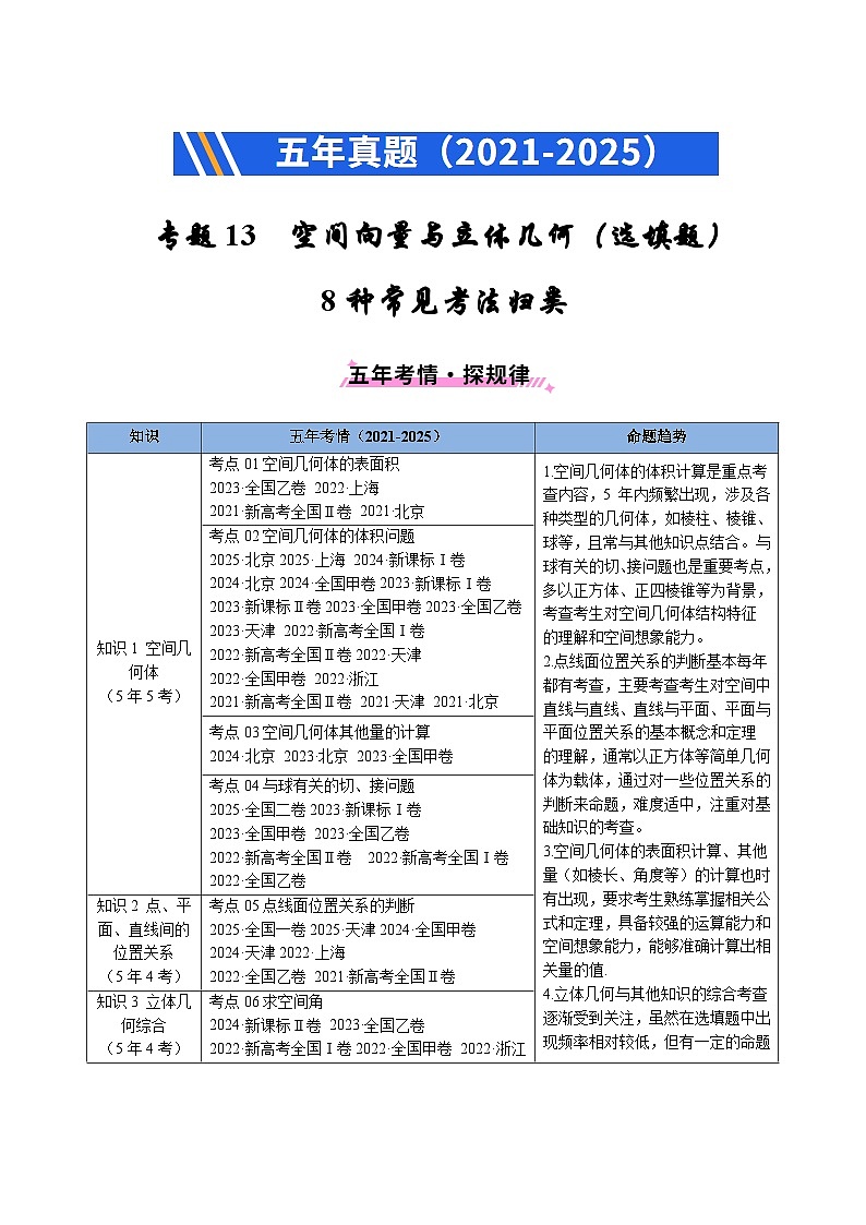 专题13 空间向量与立体几何（选填题）8种常见考法归类（原卷版）第1页