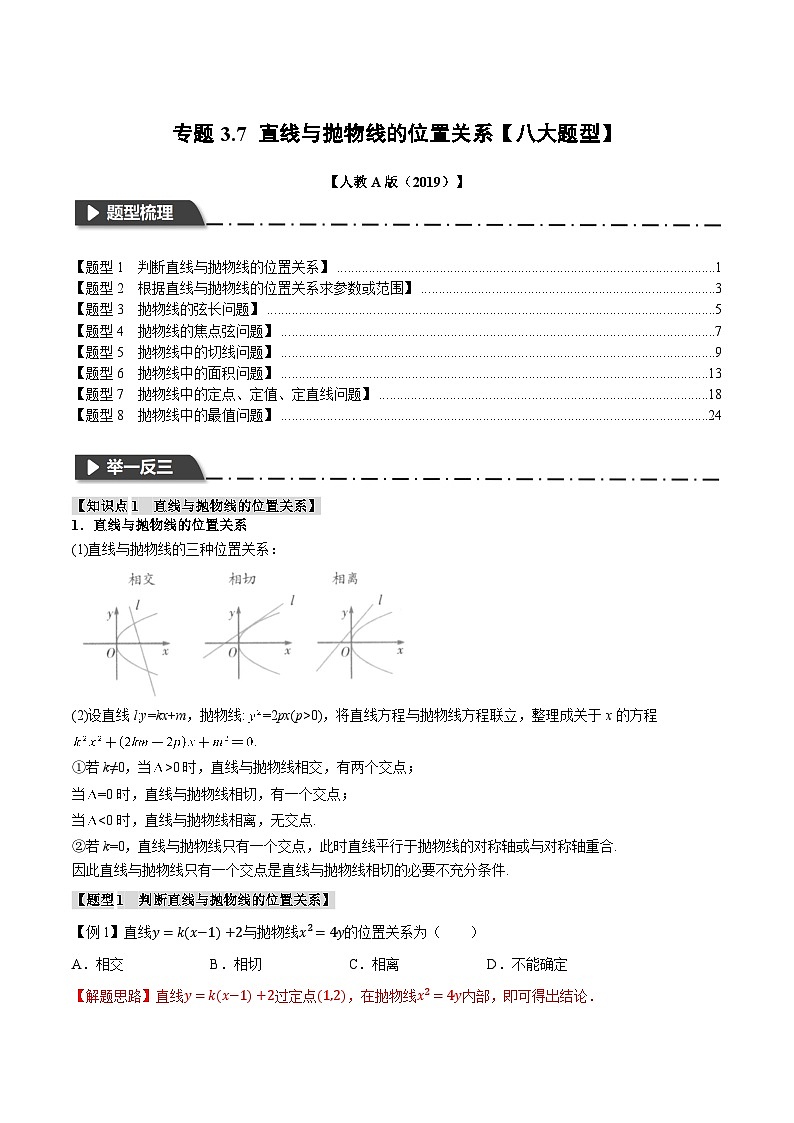 人教A版高中数学高二上册选择性必修第一册同步考点讲与练专题3.7 直线与抛物线的位置关系【八大题型】（解析版）第1页