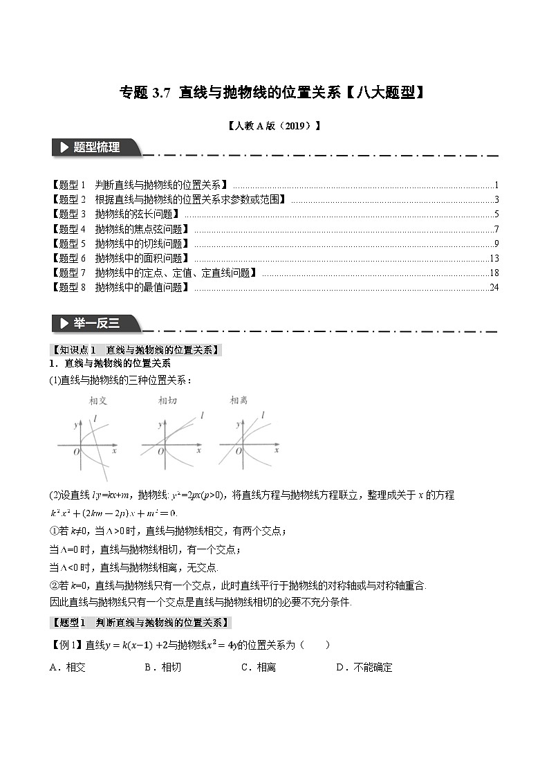 人教A版高中数学高二上册选择性必修第一册同步考点讲与练专题3.7 直线与抛物线的位置关系【八大题型】（原卷版）第1页