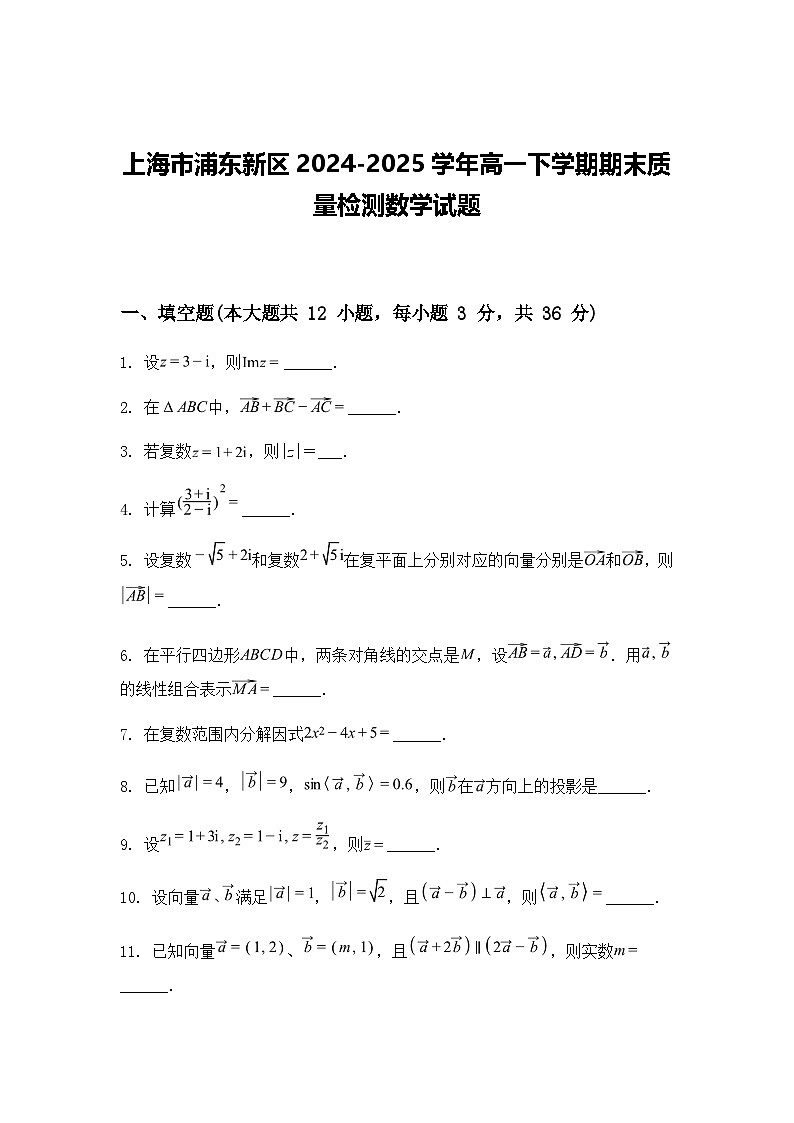 上海市浦东新区2024-2025学年高一下学期期末质量检测数学试题（含答案解析）第1页