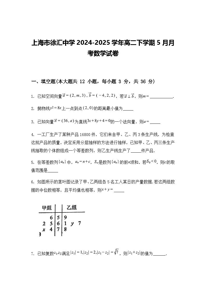 上海市徐汇中学2024-2025学年高二下学期5月月考数学试卷（含答案解析）第1页