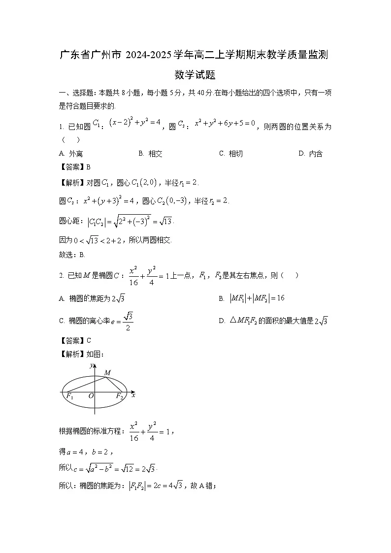 广东省广州市2024-2025学年高二上学期期末教学质量监测数学试卷（解析版）第1页