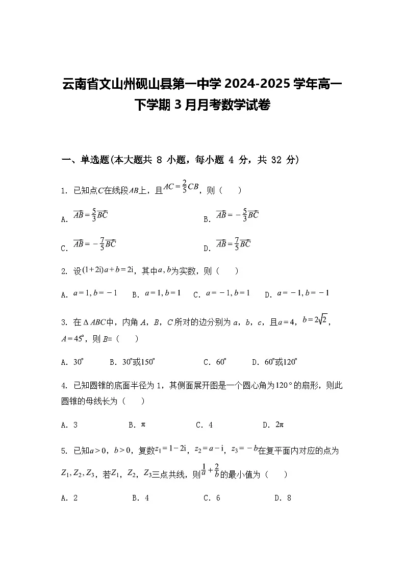 云南省文山州砚山县第一中学2024-2025学年高一下学期3月月考数学试卷（含答案解析）第1页