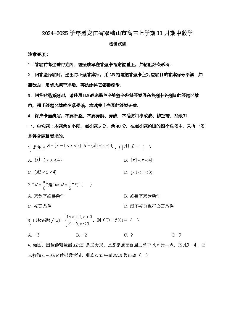 2024_2025学年黑龙江省双鸭山市高三上学期11月期中数学试卷第1页