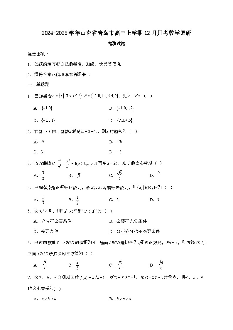 2024_2025学年山东省青岛市高三上学期12月月考数学调研试卷第1页