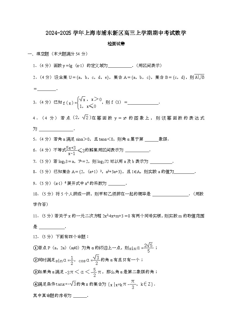 2024_2025学年上海市浦东新区高三上学期期中考试数学试卷[附解析]第1页