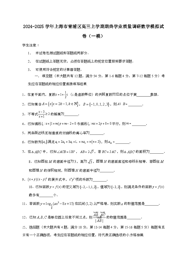 2024_2025学年上海市青浦区高三上学期期终学业质量调研数学模拟试卷[一模]含答案第1页